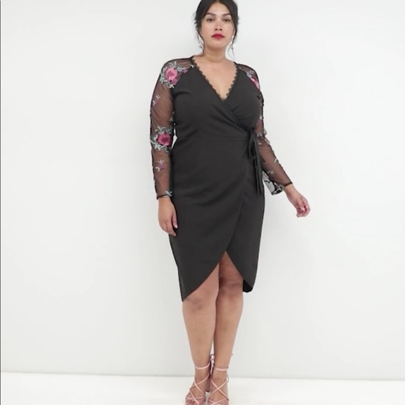 Little Mistress Dresses & Skirts - Plus wrapover pencil dress embroidered sleeves